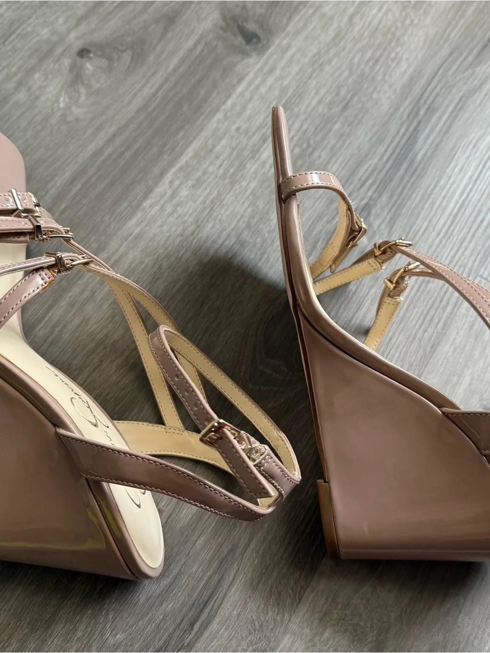 Patent Leather Jessica Simpson Beige Strappy Square-Toe Heels chai latte